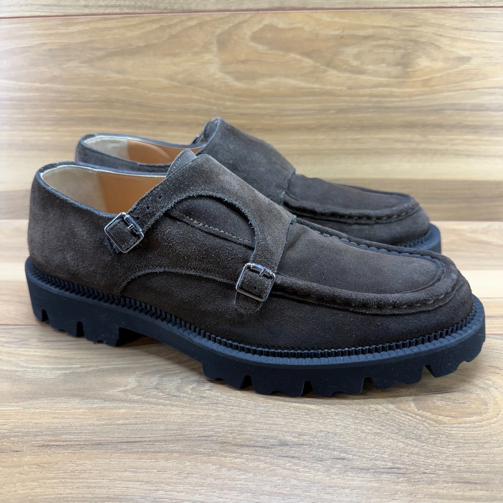 ELEVENTY Mens Double Monk Strap Dress Shoes 12 Moc Toe Brown Suede Lite Soles